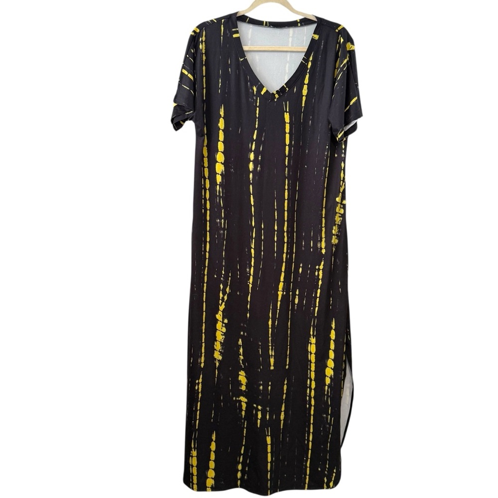 Arolina XL Black Yellow Tie Dye Print V-Neck Short Sleeve Maxi Dress Pockets